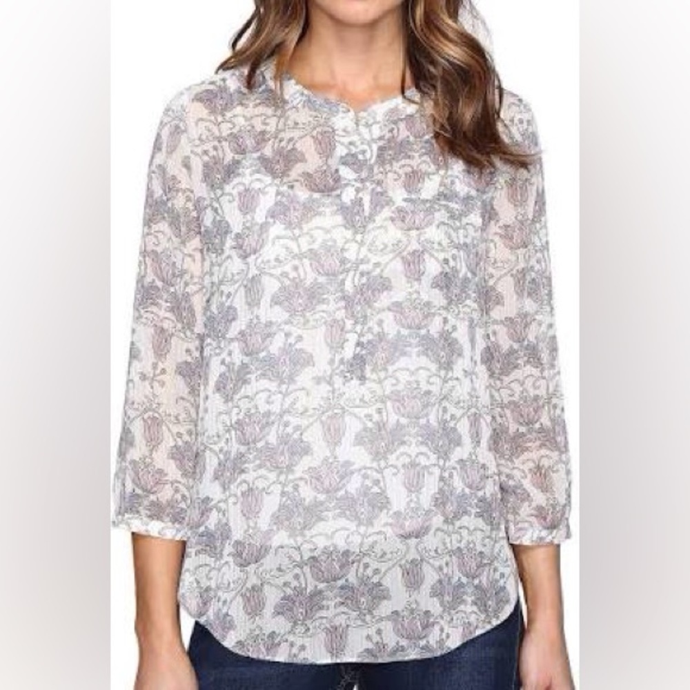 NYDJ Women Sz S Multicolor 1/2 Button 3/4 Sleeve Pleated Back Sheer Blouse